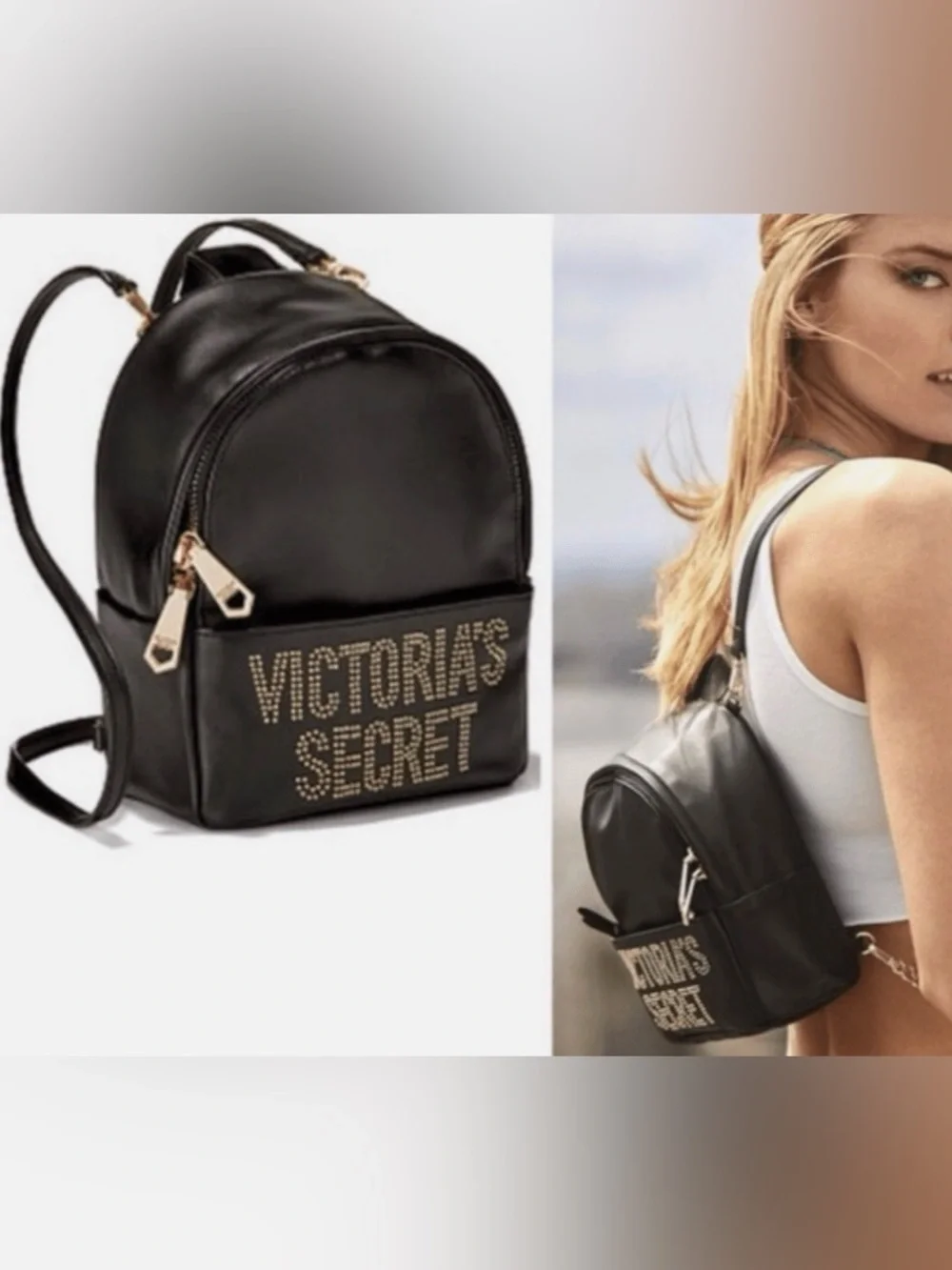 Victoria's Secret Black Mini Backpack with Gold Studded Logo - Picture 3 of 4